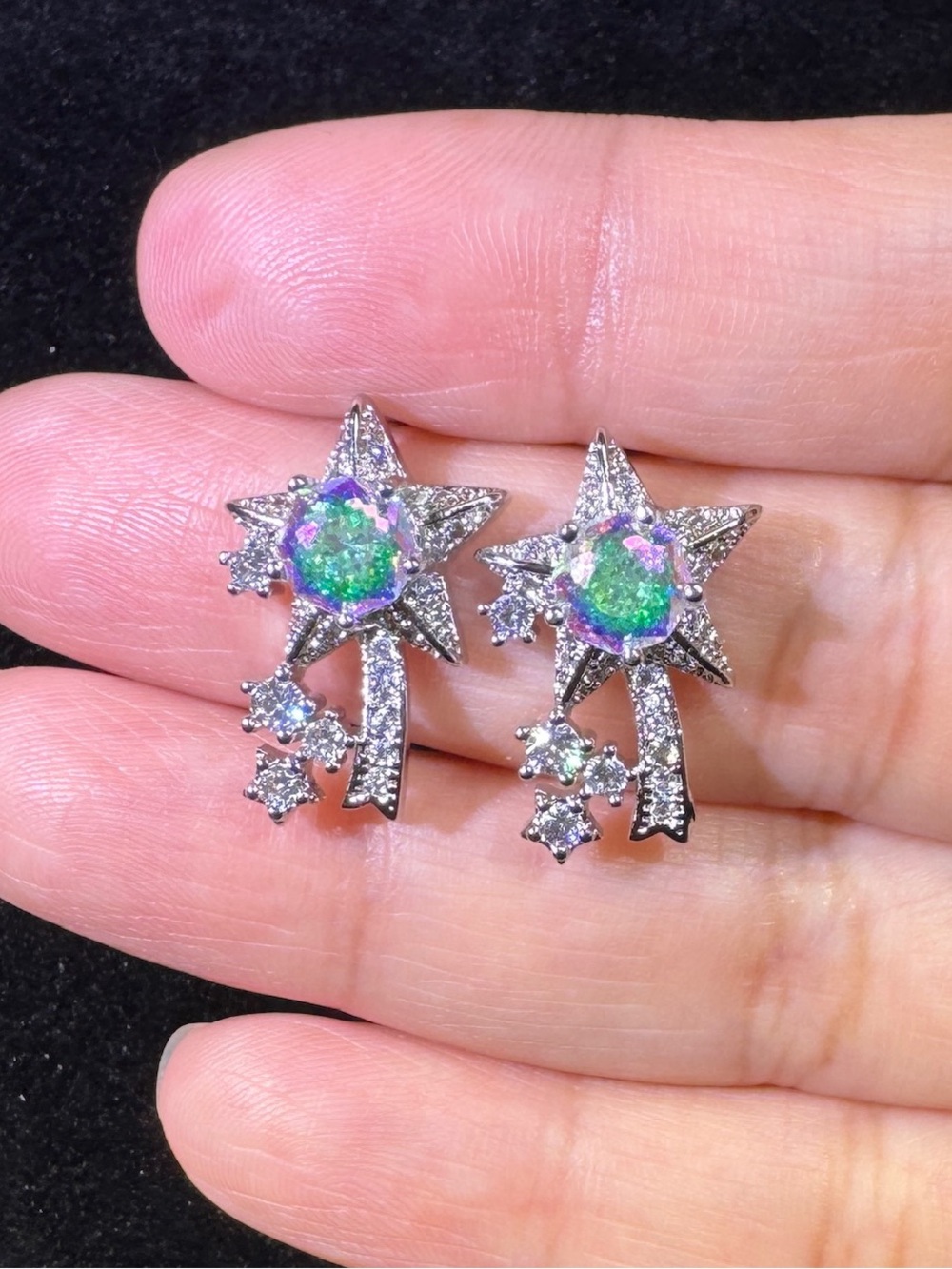 Silver Starburst Drop Earrings - Green Iridescent